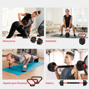 Juego de Mancuernas Multifuncionales 4 en 1 Peso Libre con Manillar Kettlebell 20KG